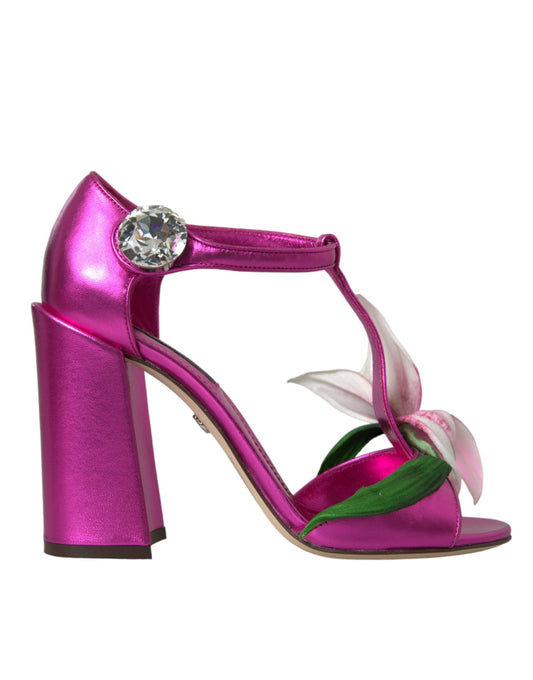 Dolce &amp; Gabbana Pink Leather Crystals Floral Sandals Shoes