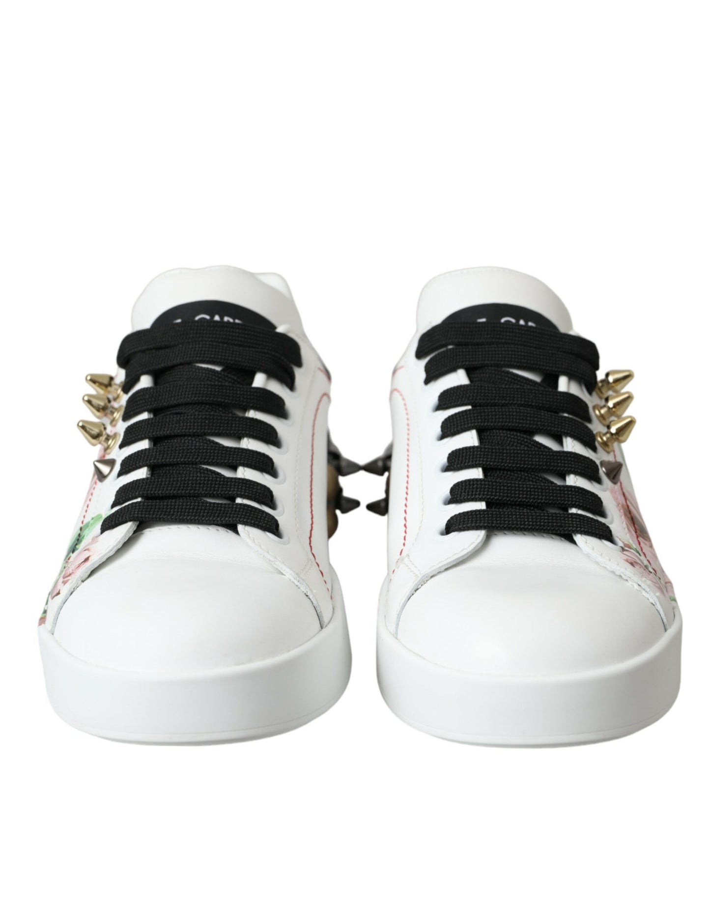 Dolce &amp; Gabbana White Leather Crystal Roses Floral Sneakers Shoes