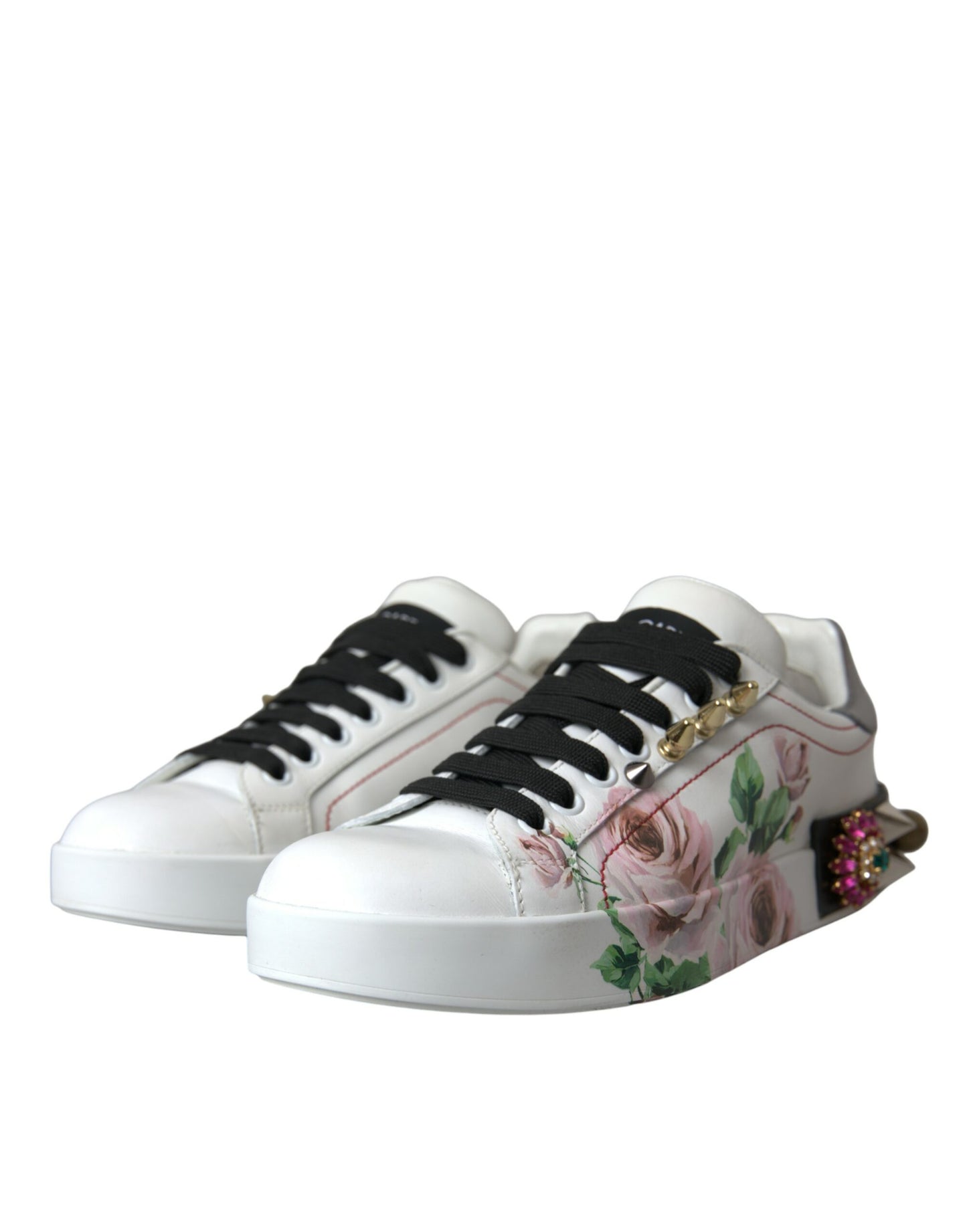 Dolce &amp; Gabbana White Leather Crystal Roses Floral Sneakers Shoes