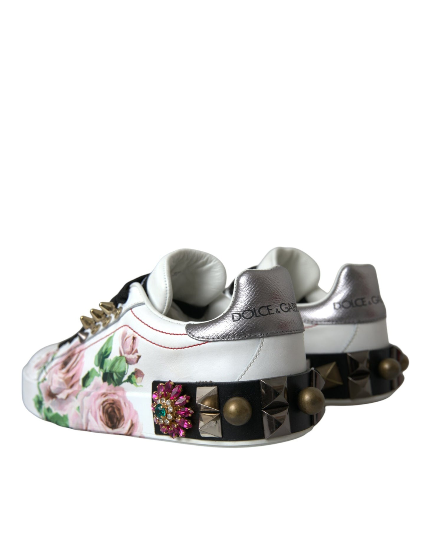 Dolce &amp; Gabbana White Leather Crystal Roses Floral Sneakers Shoes