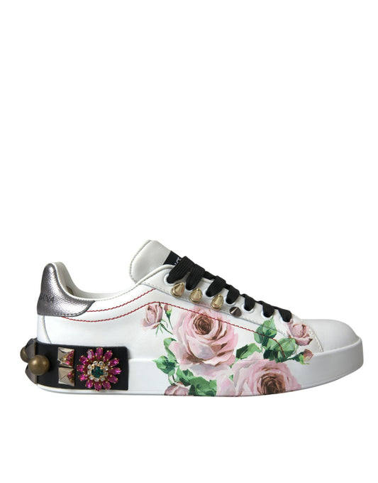 Dolce &amp; Gabbana White Leather Crystal Roses Floral Sneakers Shoes