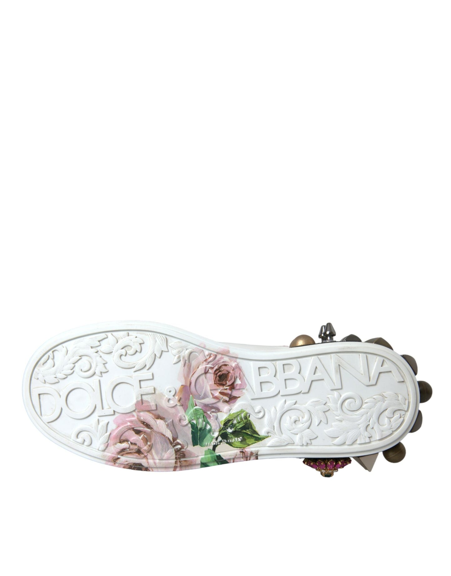 Dolce &amp; Gabbana White Leather Crystal Roses Floral Sneakers Shoes