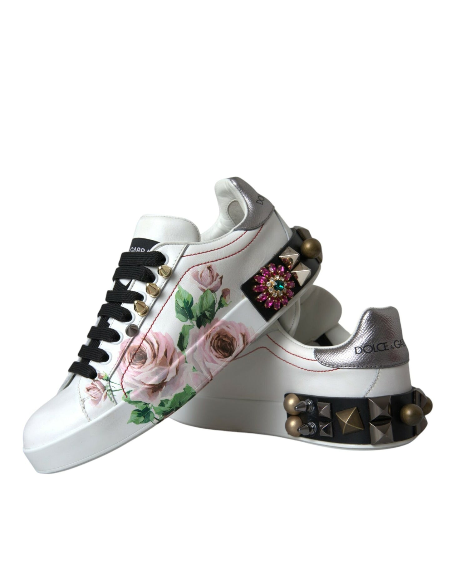 Dolce &amp; Gabbana White Leather Crystal Roses Floral Sneakers Shoes