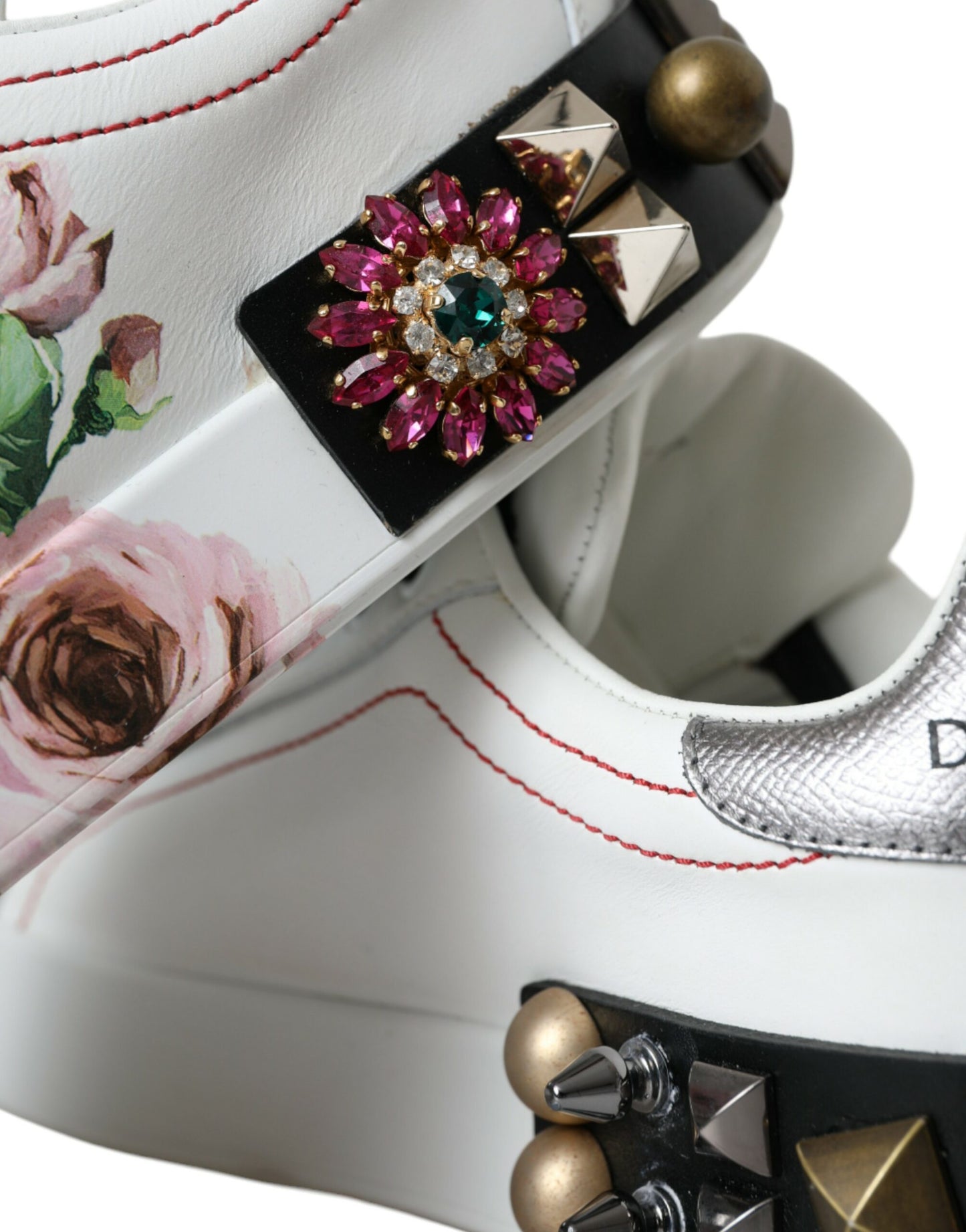 Dolce &amp; Gabbana White Leather Crystal Roses Floral Sneakers Shoes