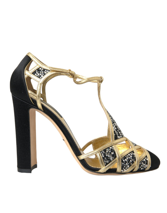 Dolce &amp; Gabbana Black Suede Gold Embellished Heels Pump Shoes