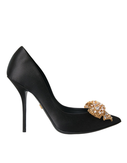 Dolce &amp; Gabbana Black Satin Bow Embellished Heels Pumps Shoes