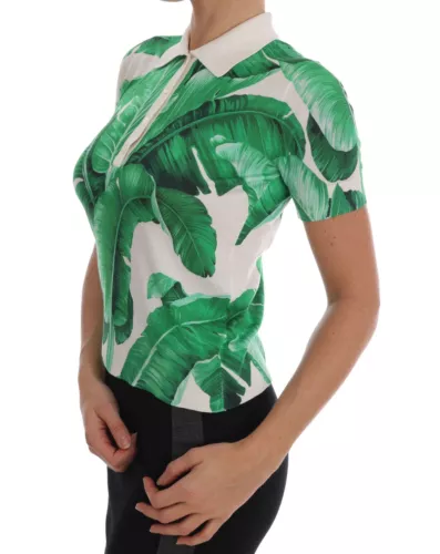 Dolce &amp; Gabbana Green Silk Polo T-Shirt with Banana Print