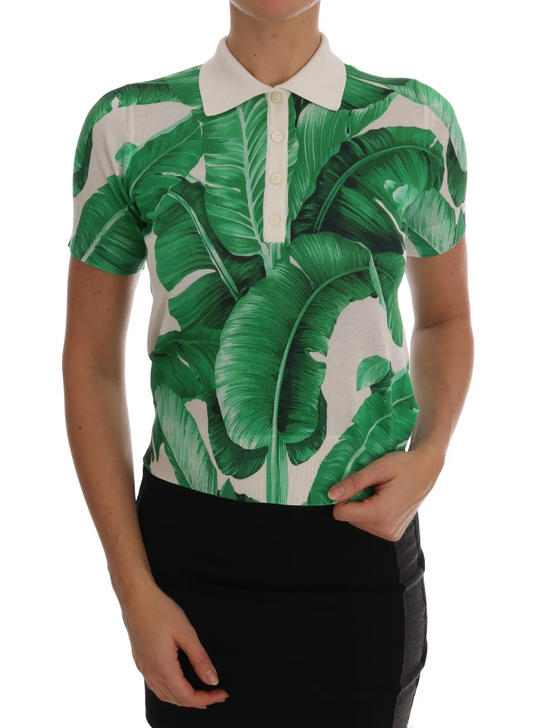 Dolce &amp; Gabbana Green Silk Polo T-Shirt with Banana Print