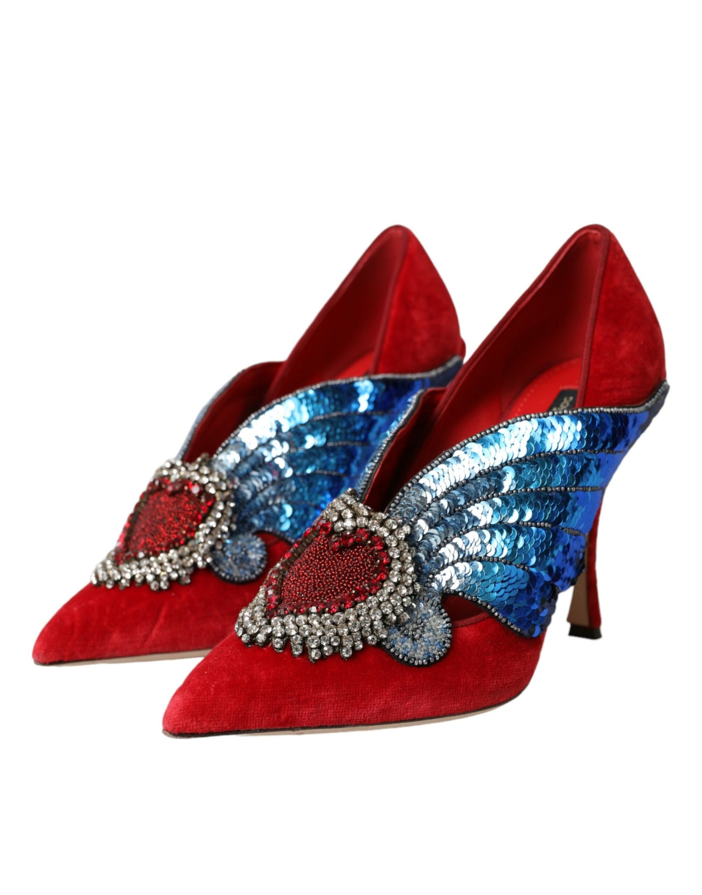 Dolce &amp; Gabbana Red Velvet Sequin Crystal Heels Pumps