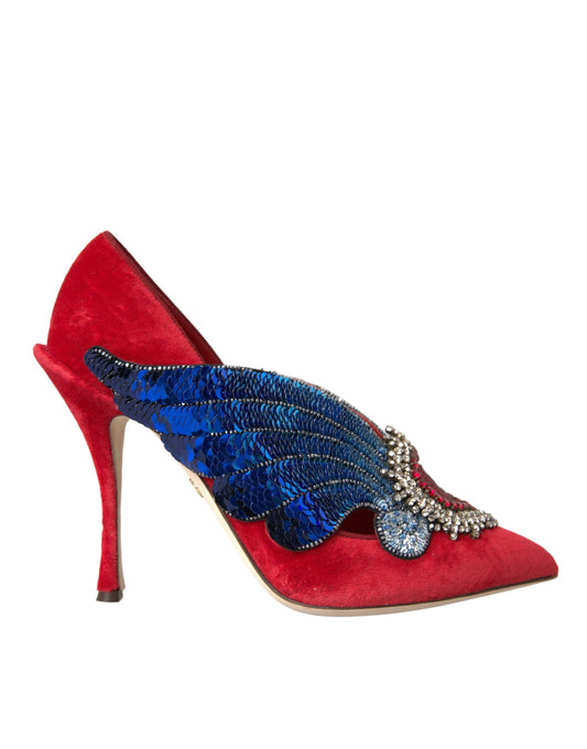 Dolce &amp; Gabbana Red Velvet Sequin Crystal Heels Pumps