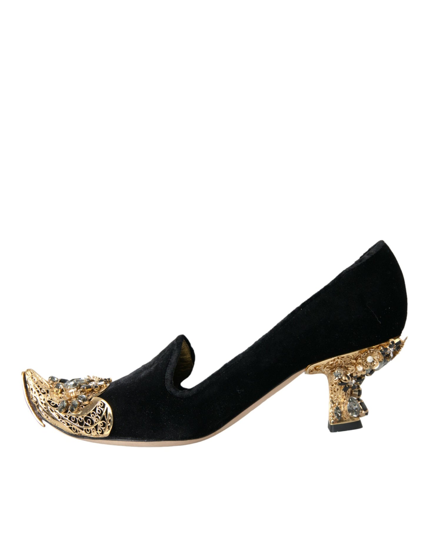 Dolce &amp; Gabbana Black Velvet Embellished Heels Pumps Shoes