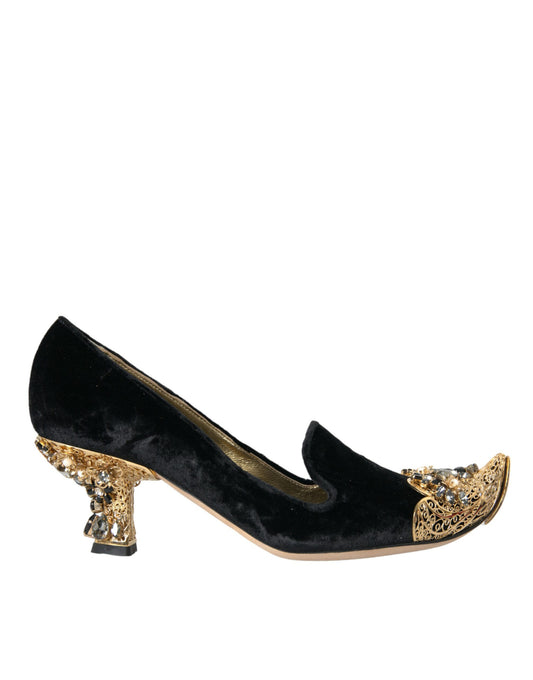 Dolce &amp; Gabbana Black Velvet Embellished Heels Pumps Shoes