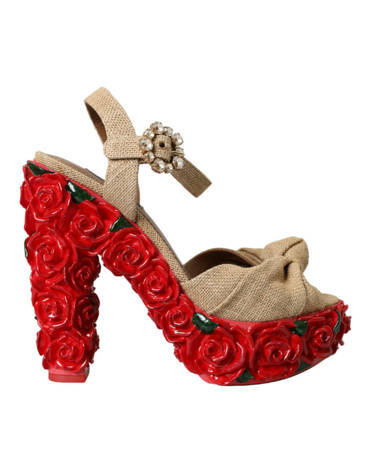 Dolce &amp; Gabbana Red Roses Crystal Platform Sandals Shoes