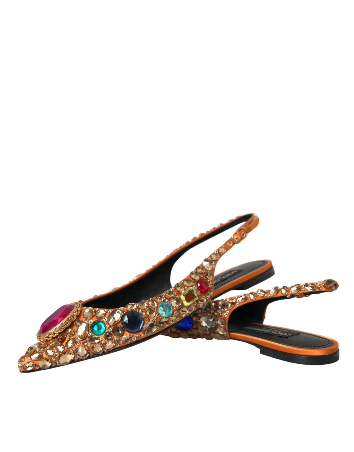 Dolce &amp; Gabbana Orange Satin Crystals Flats Sandals Shoes