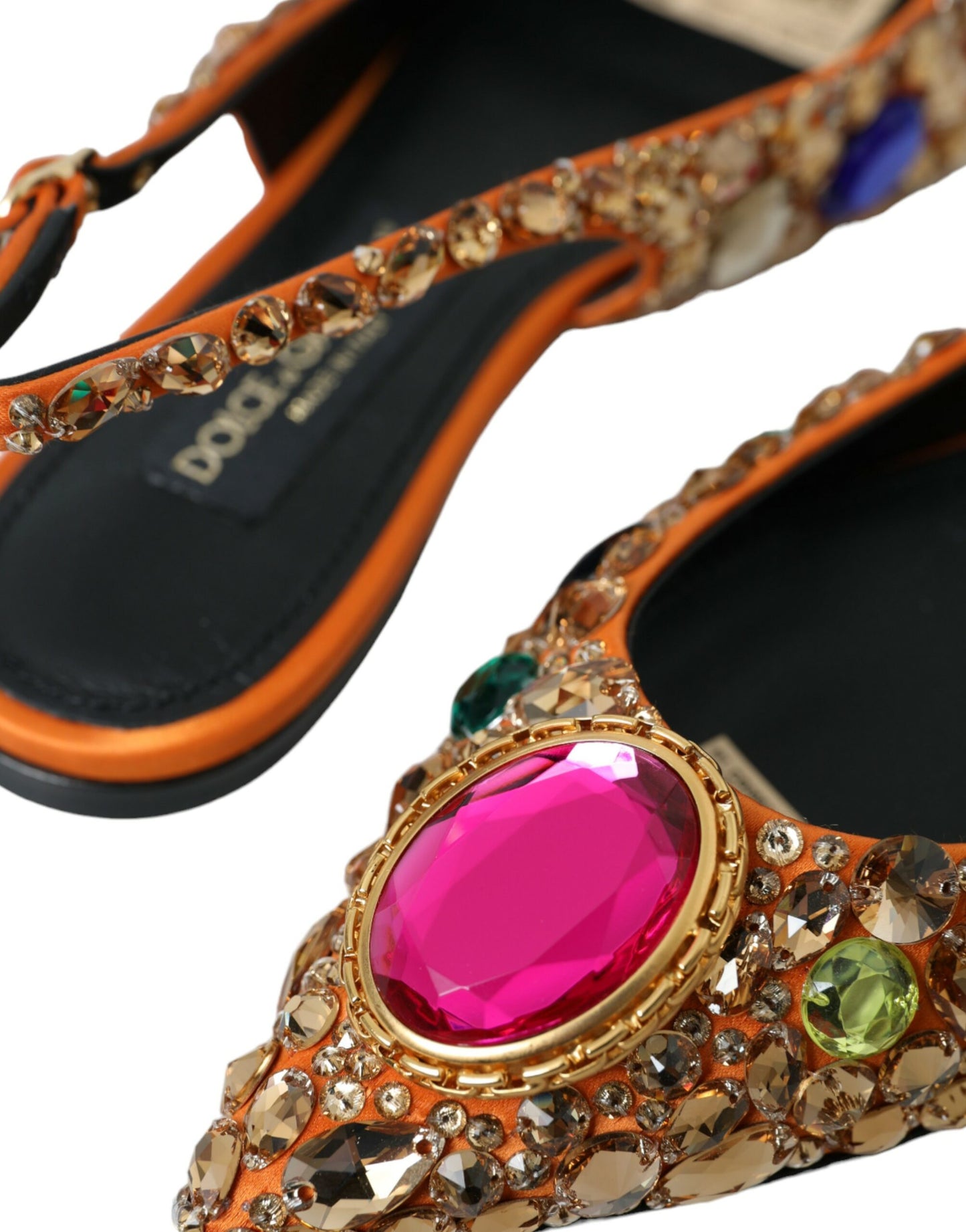 Dolce &amp; Gabbana Orange Satin Crystals Flats Sandals Shoes