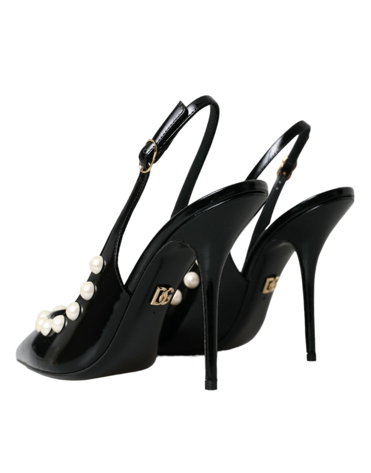 Dolce &amp; Gabbana Black Leather Faux Pearl Heel Slingback Shoes