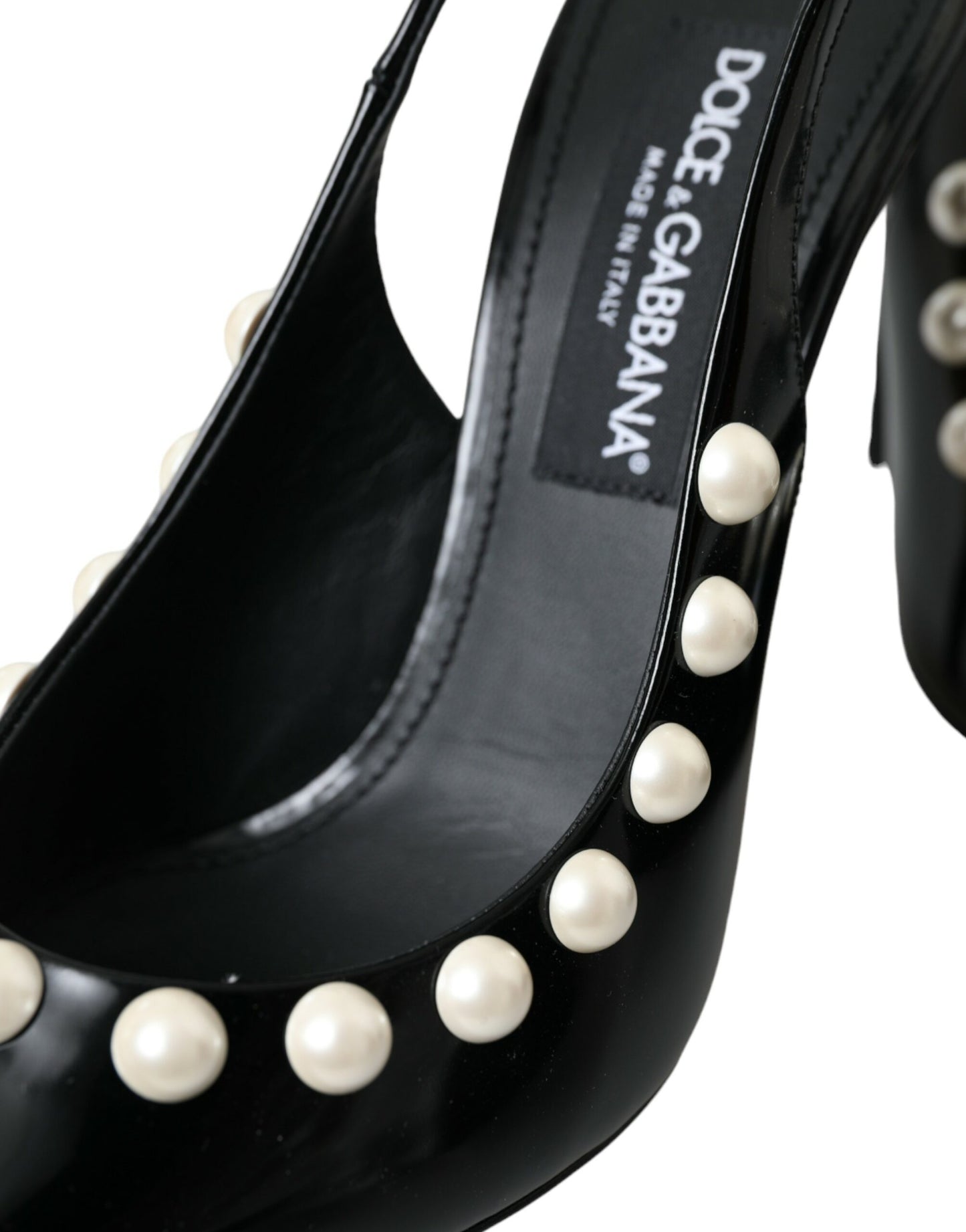 Dolce &amp; Gabbana Black Leather Faux Pearl Heel Slingback Shoes