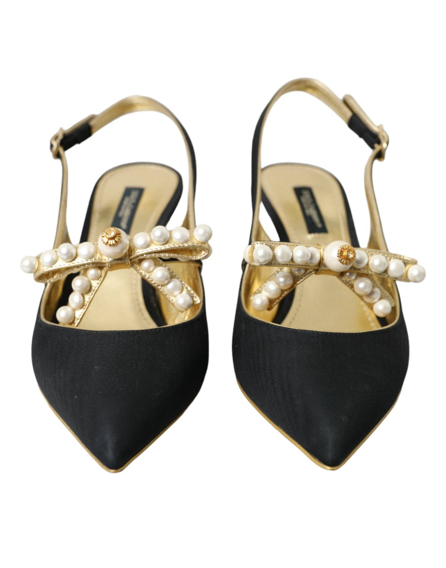 Dolce &amp; Gabbana Black Leather Faux Pearl Slingbacks Shoes