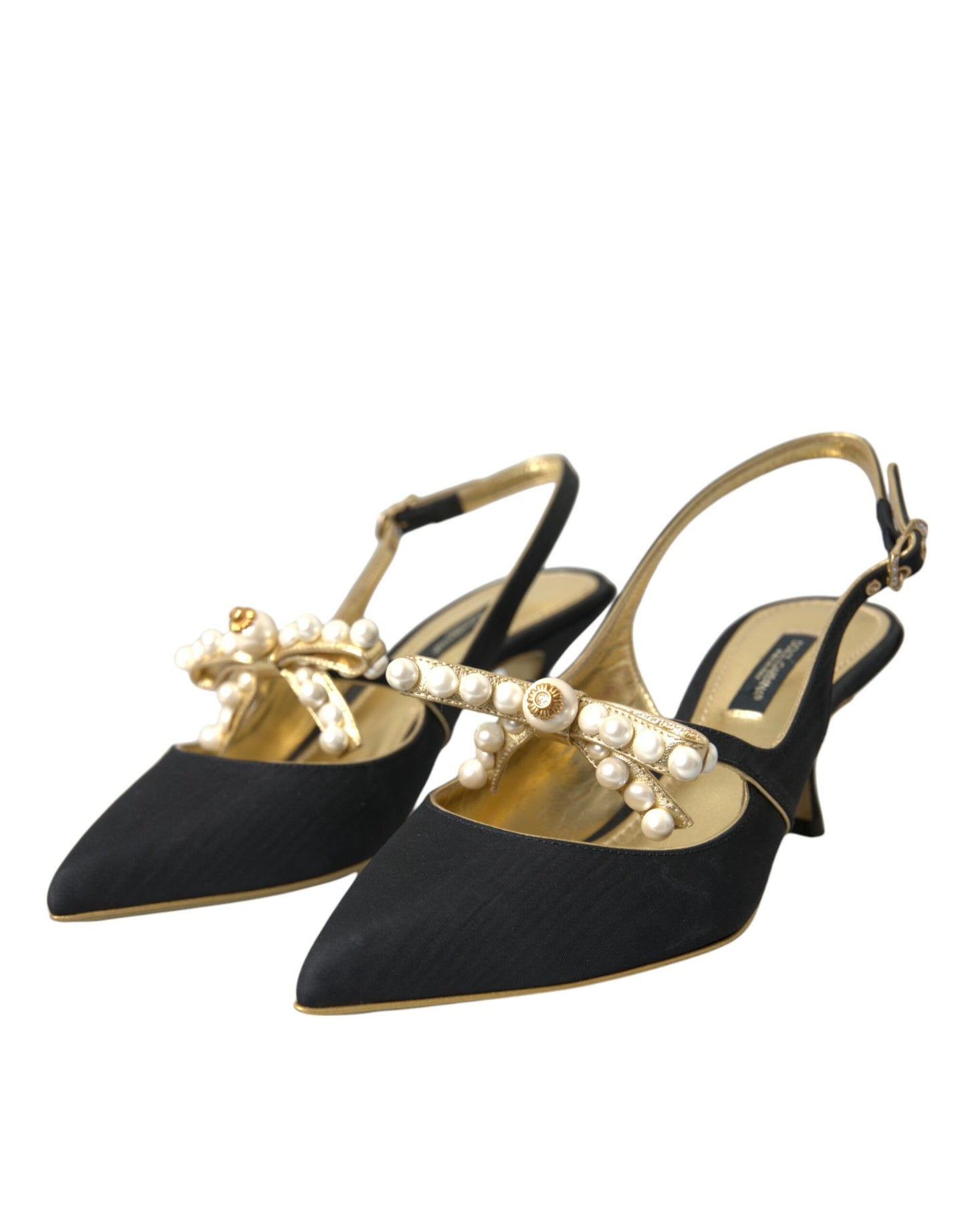 Dolce &amp; Gabbana Black Leather Faux Pearl Slingbacks Shoes