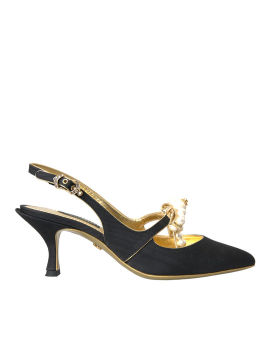 Dolce &amp; Gabbana Black Leather Faux Pearl Slingbacks Shoes