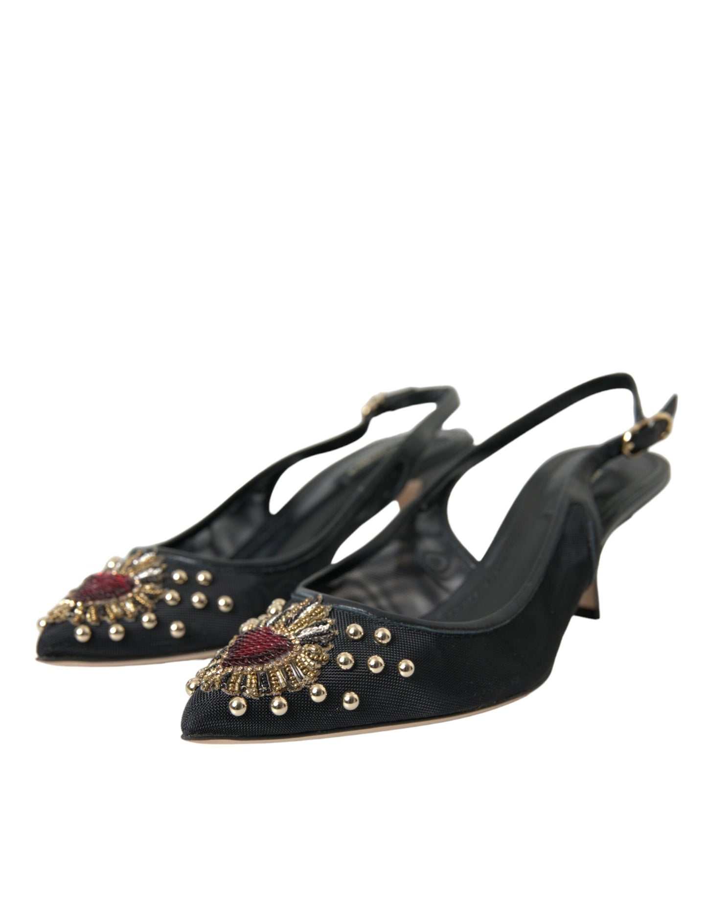 Dolce &amp; Gabbana Black Mesh Embellished Heel Slingbacks Shoes