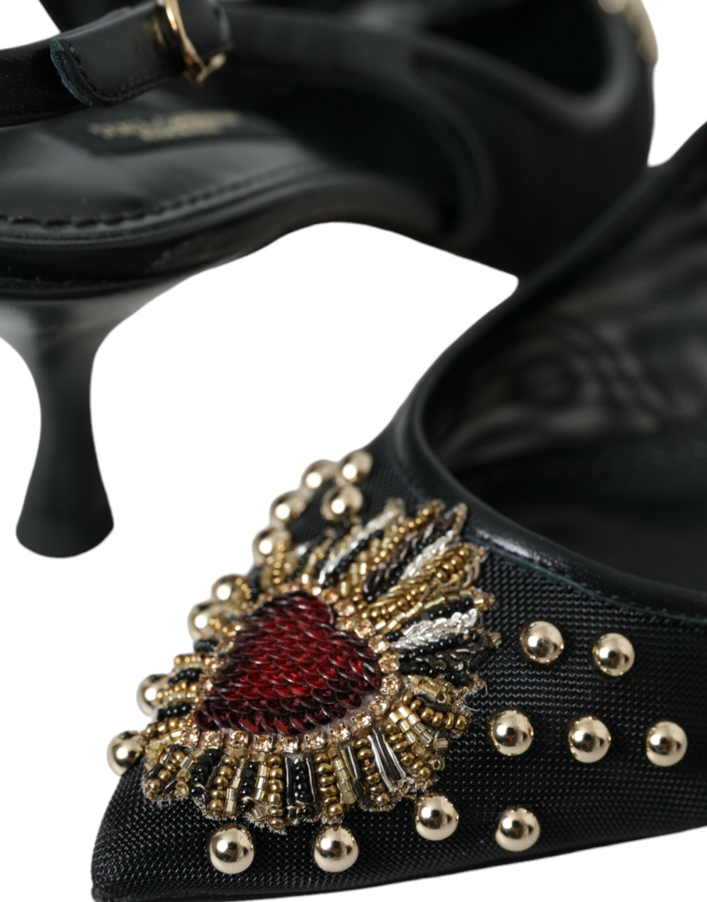 Dolce &amp; Gabbana Black Mesh Embellished Heel Slingbacks Shoes