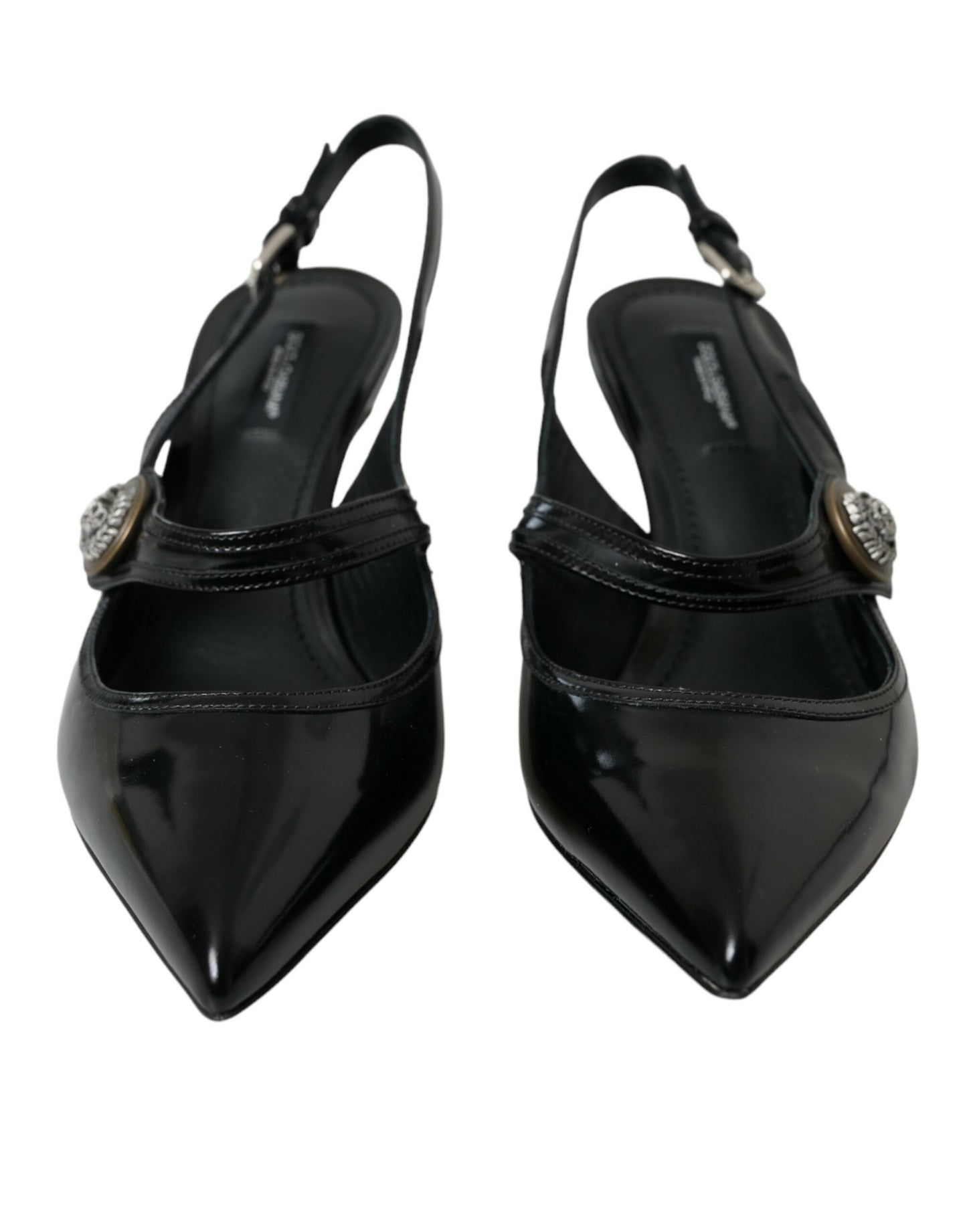 Dolce &amp; Gabbana Black Leather Embellished Slingbacks Shoes