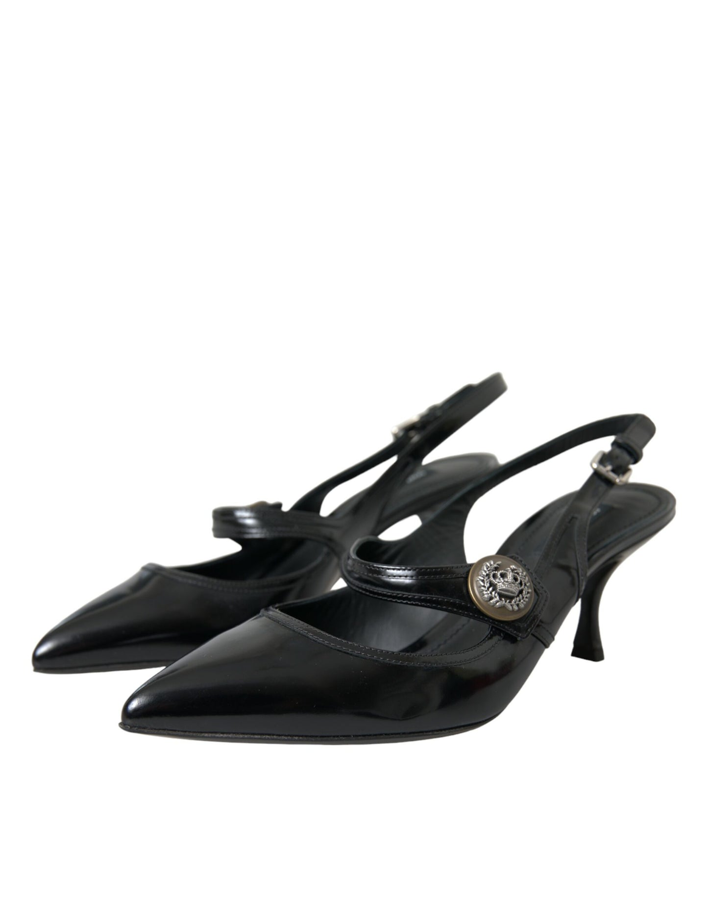 Dolce &amp; Gabbana Black Leather Embellished Slingbacks Shoes