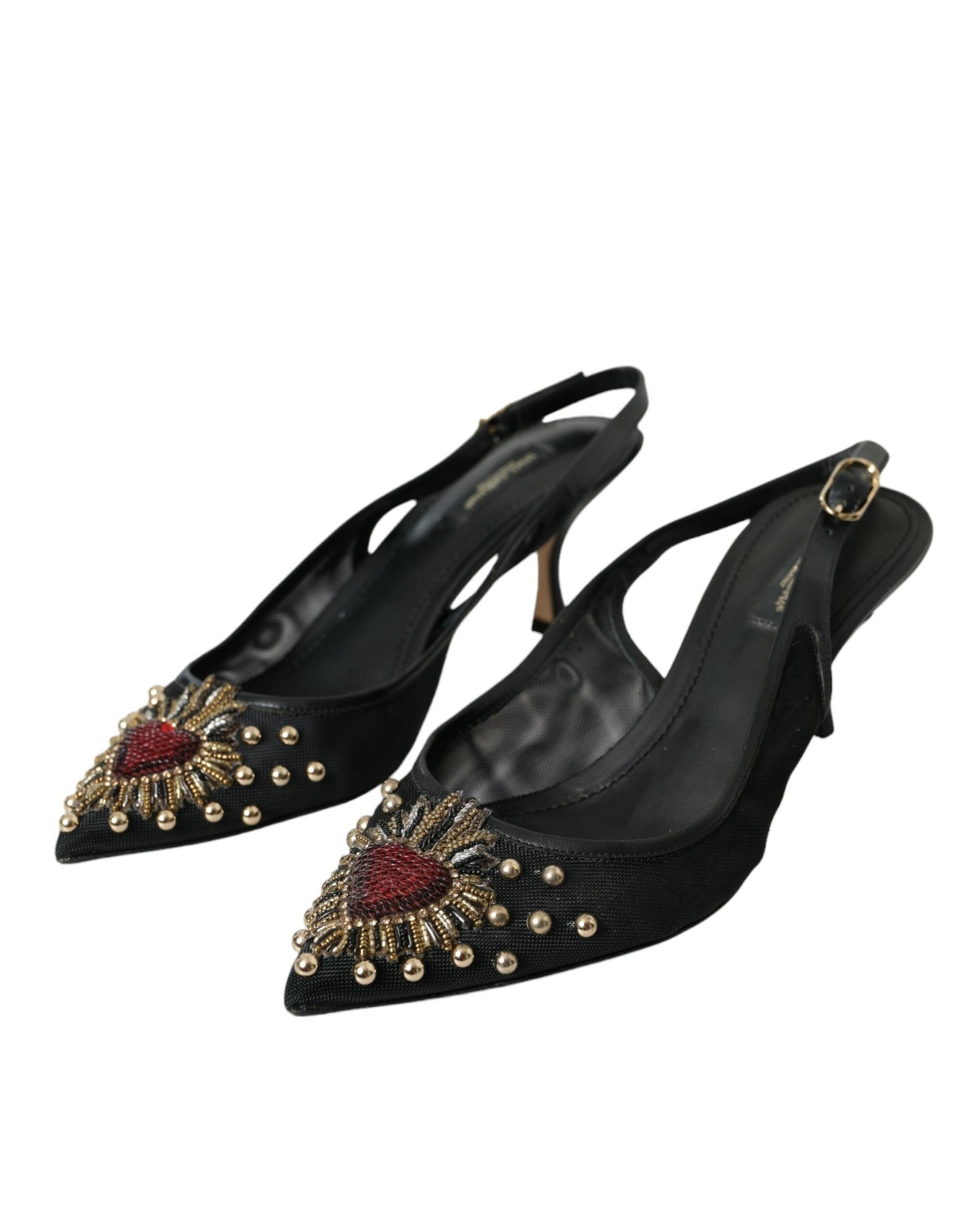 Dolce &amp; Gabbana Black Mesh Embellished Heel Slingbacks Shoes