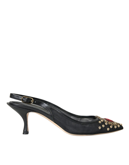 Dolce &amp; Gabbana Black Mesh Embellished Heel Slingbacks Shoes