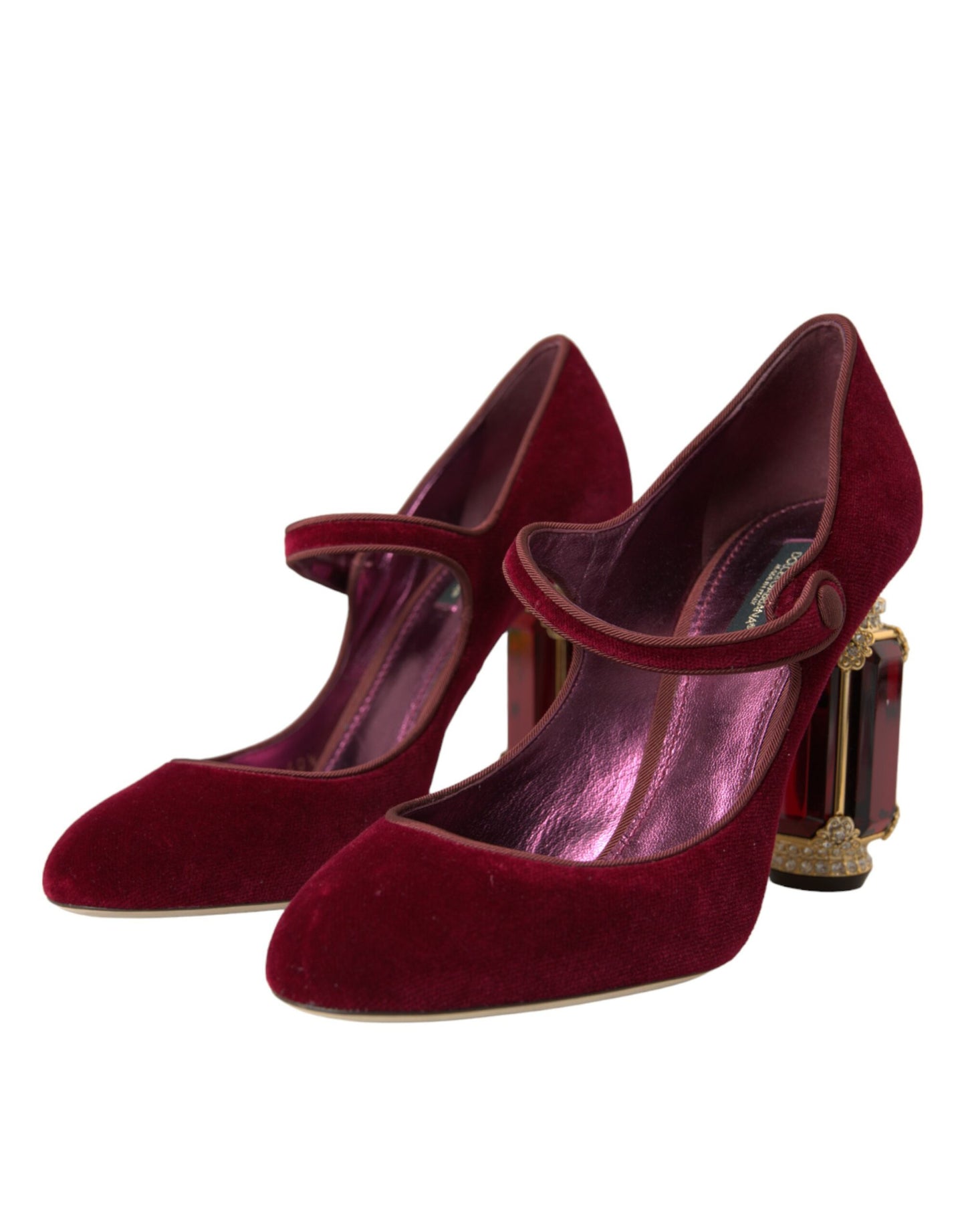 Dolce &amp; Gabbana Red Velvet Gold Crystals Heels Mary Jane Shoes