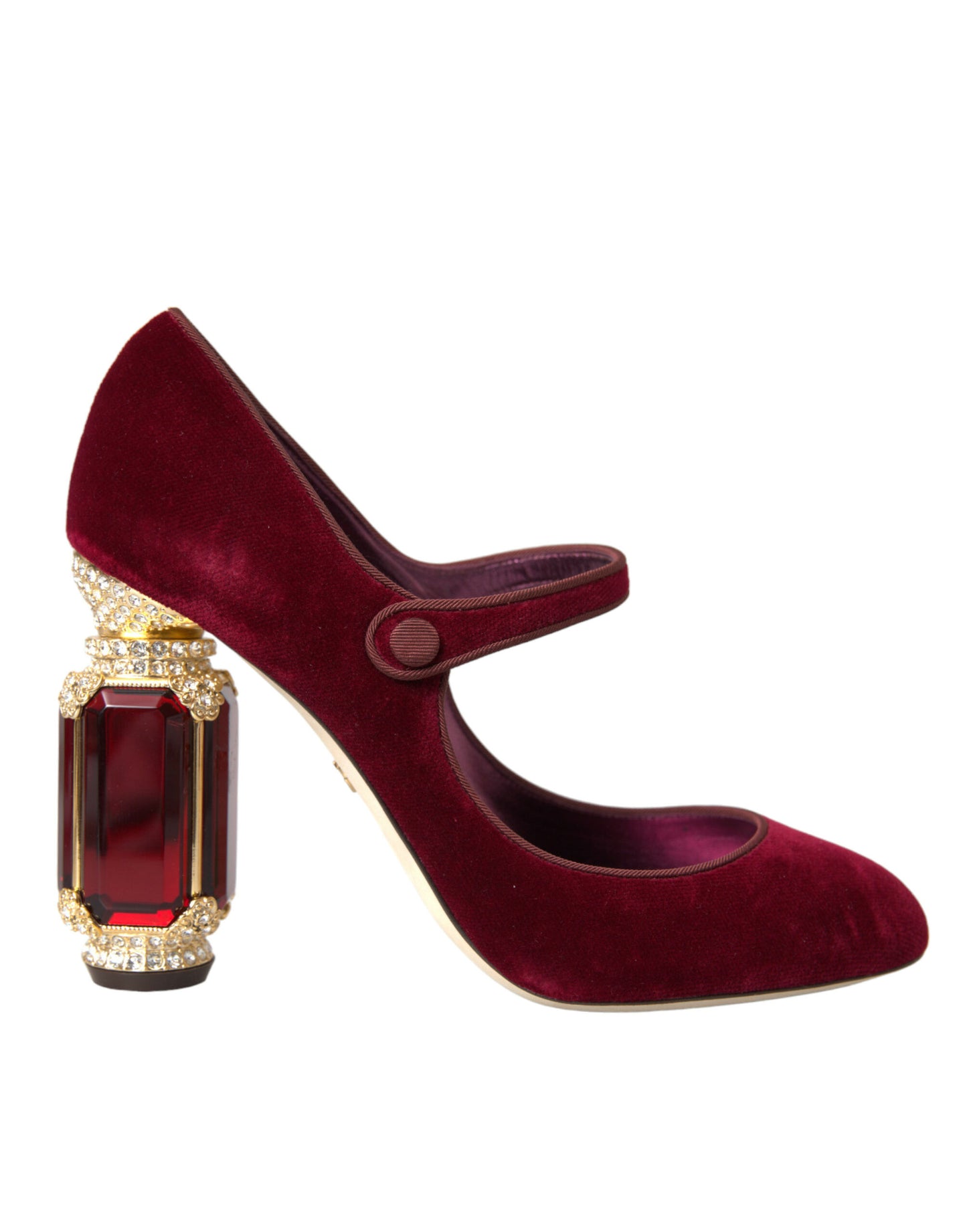 Dolce &amp; Gabbana Red Velvet Gold Crystals Heels Mary Jane Shoes