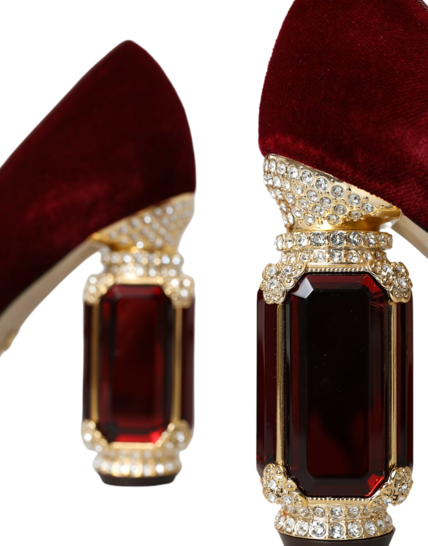 Dolce &amp; Gabbana Red Velvet Gold Crystals Heels Mary Jane Shoes