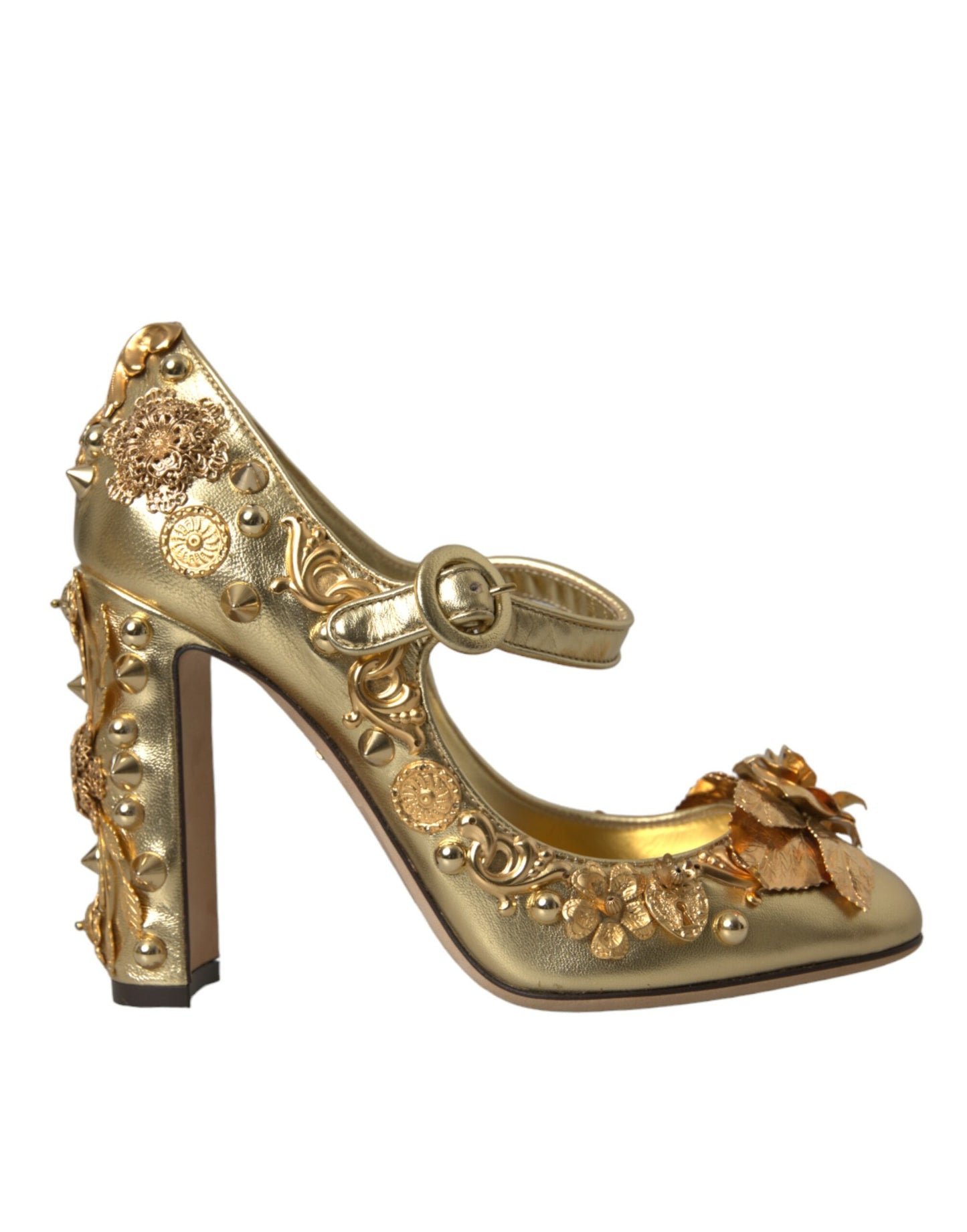 Dolce &amp; Gabbana Gold Leather Crystal Mary Janes Pumps Shoes