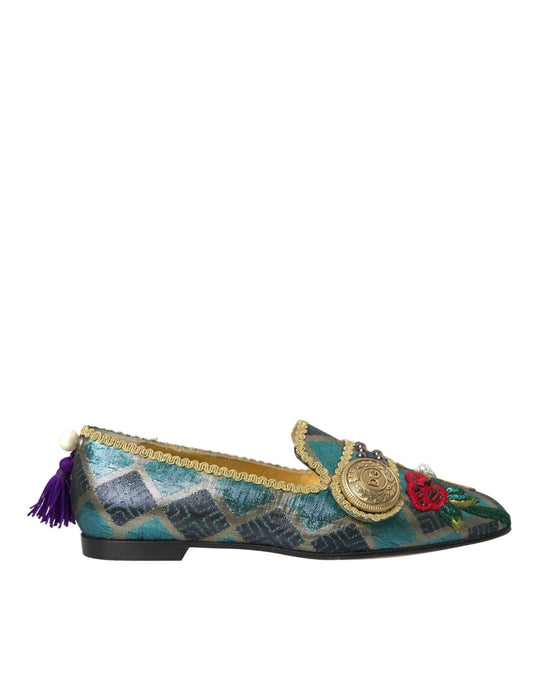 Dolce &amp; Gabbana Multicolor Jacquard Embellished Loafers Shoes