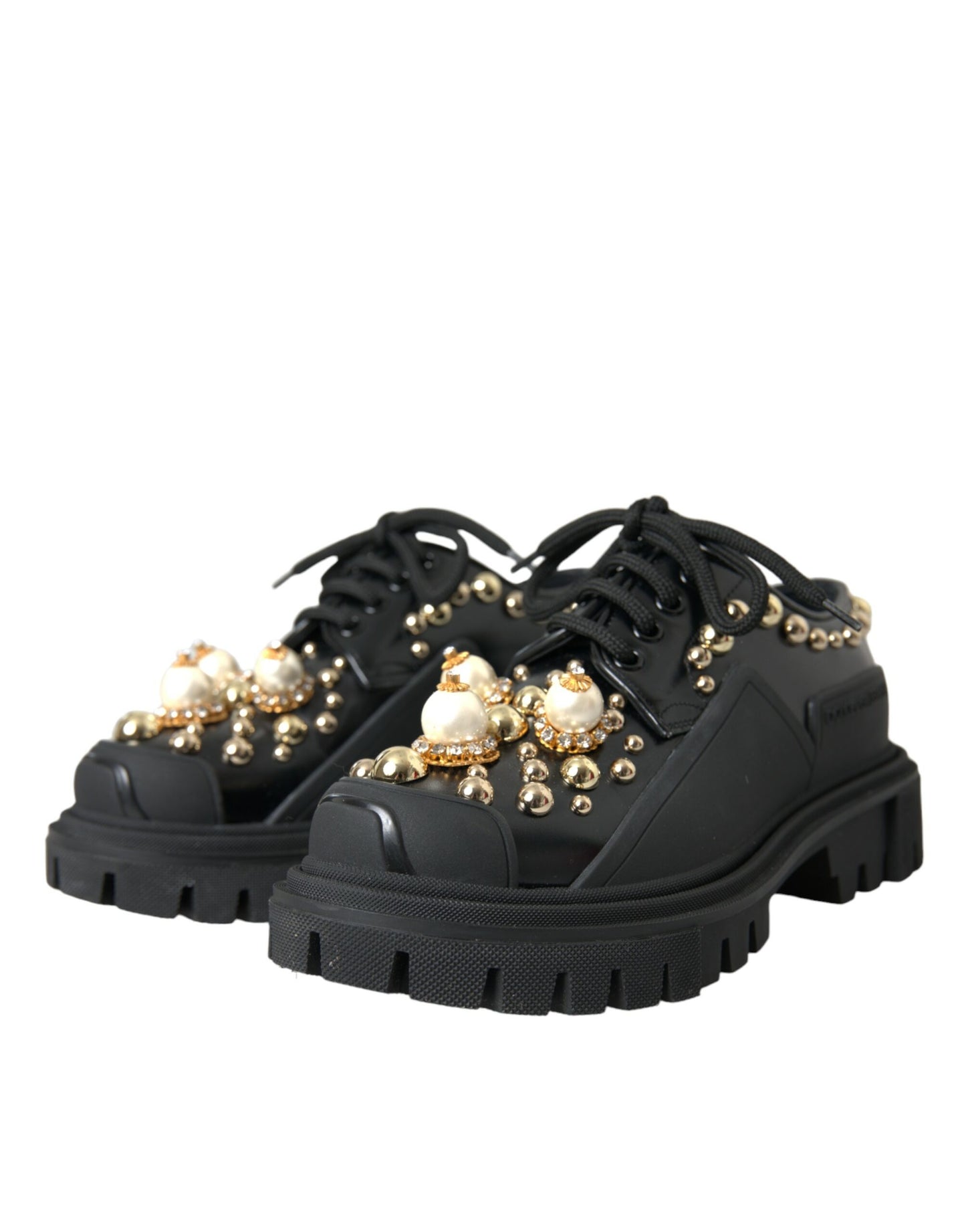 Dolce &amp; Gabbana Black Leather Trekking Derby Embellished Shoes