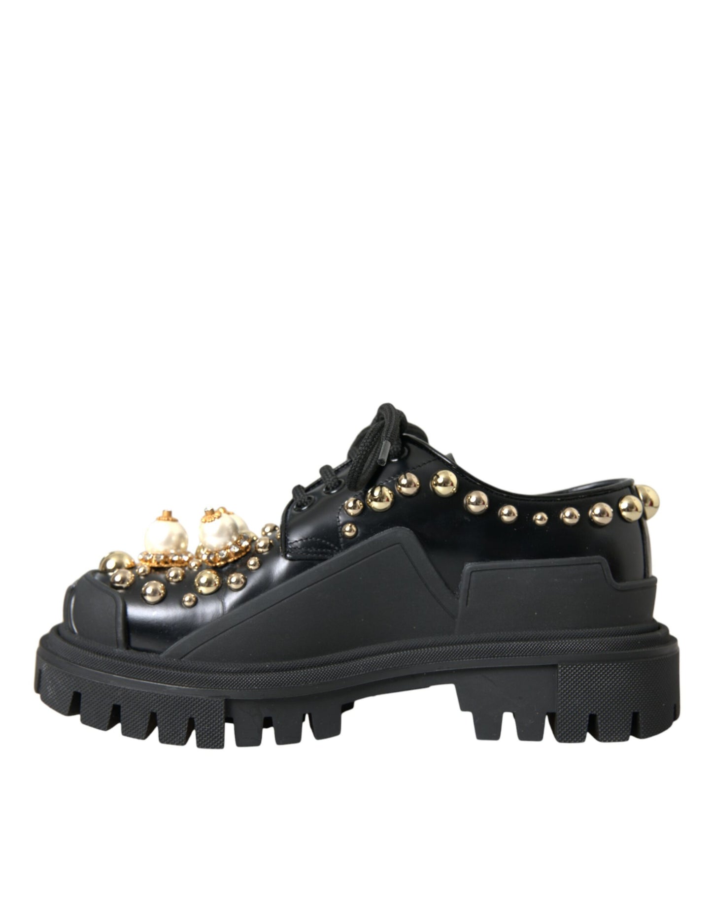 Dolce &amp; Gabbana Black Leather Trekking Derby Embellished Shoes