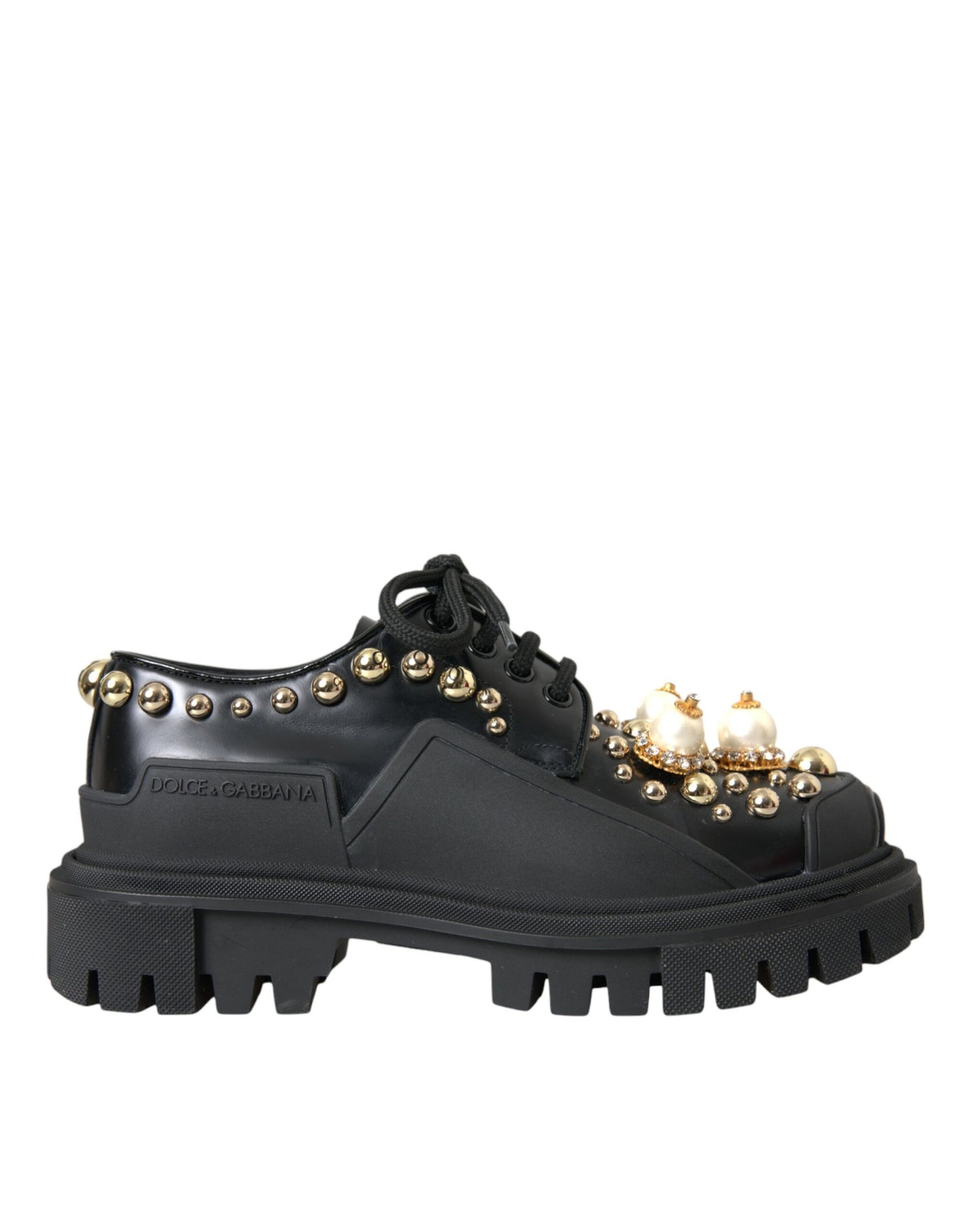 Dolce &amp; Gabbana Black Leather Trekking Derby Embellished Shoes