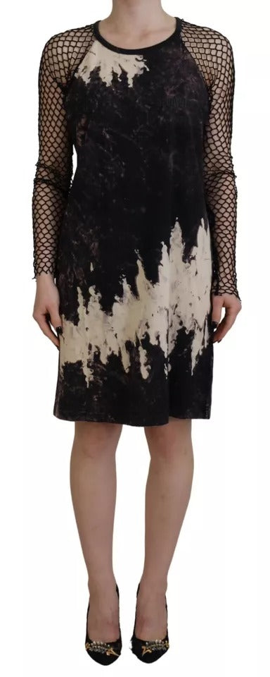 Dsquared² Black Tie Dye Mesh Long Sleeve Cotton Shift Dress