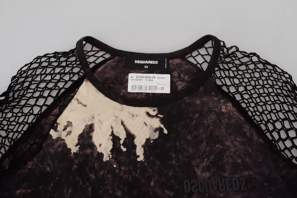 Dsquared² Black Tie Dye Mesh Long Sleeve Cotton Shift Dress