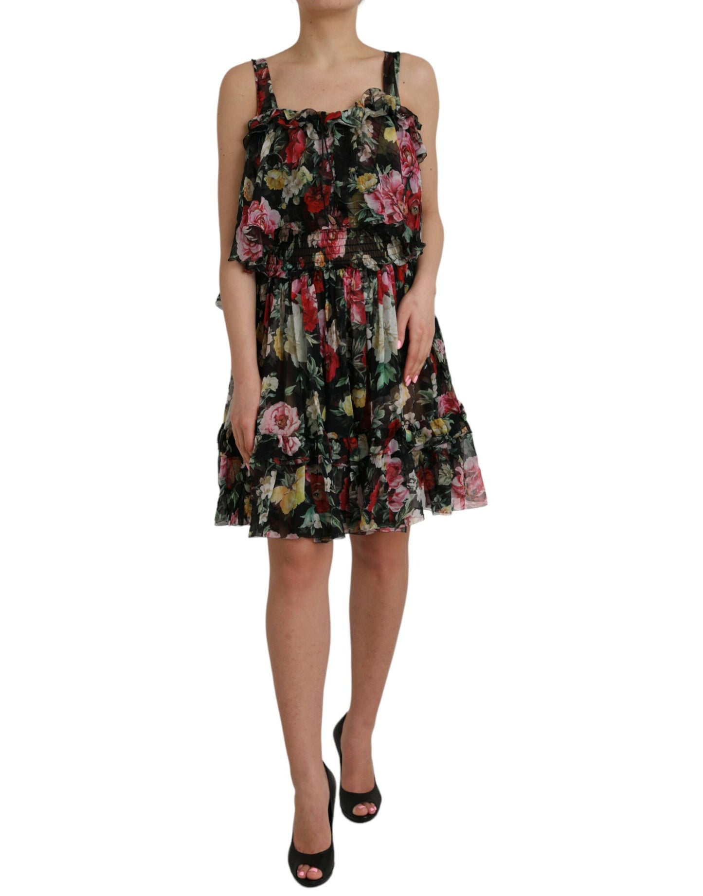 Dolce &amp; Gabbana Black floral silk A-line sleeveless dress