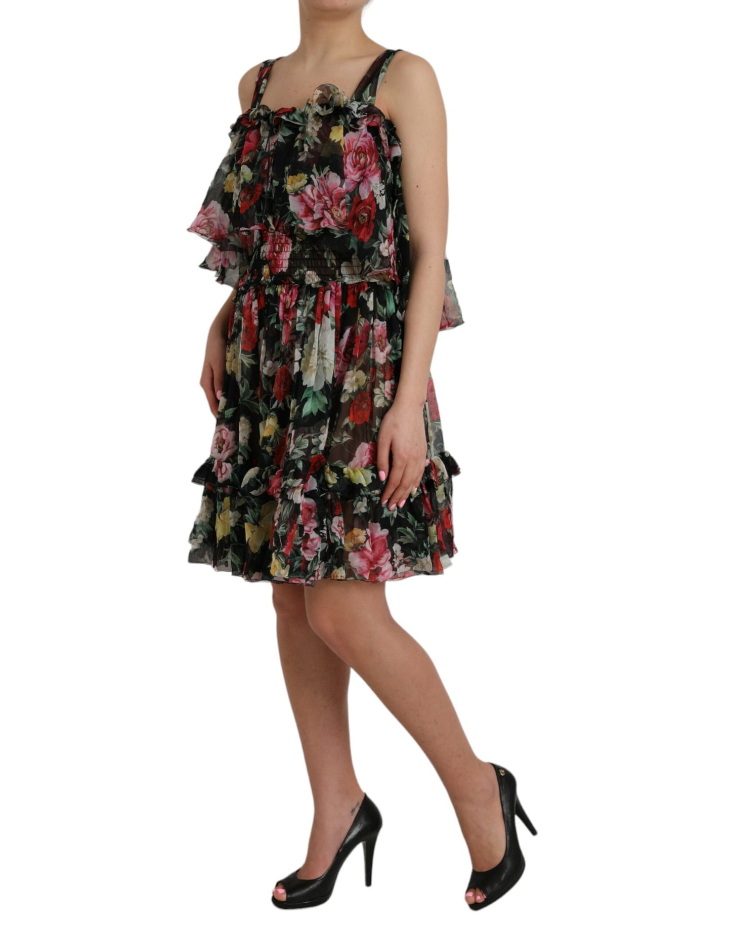 Dolce &amp; Gabbana Black floral silk A-line sleeveless dress