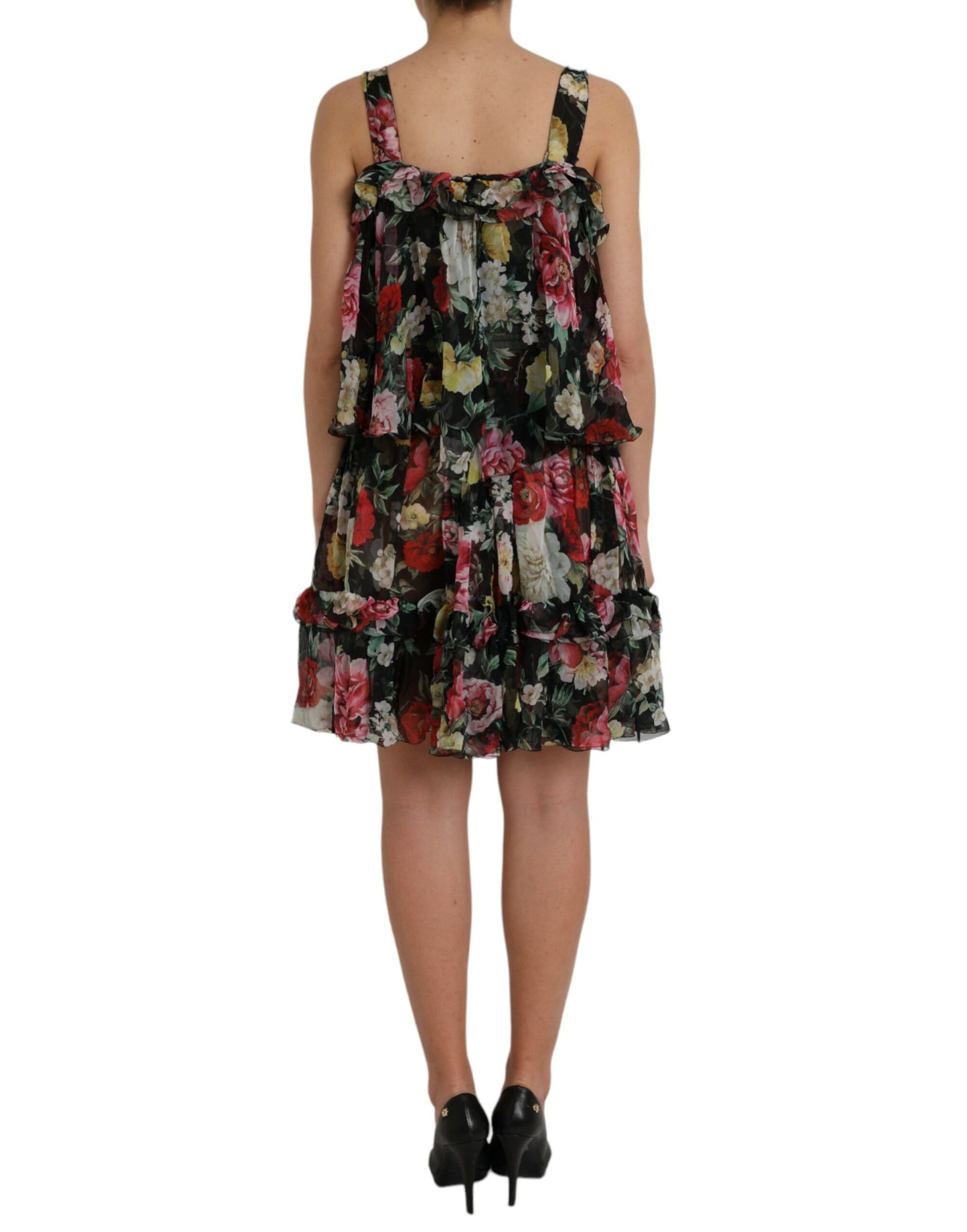 Dolce &amp; Gabbana Black floral silk A-line sleeveless dress