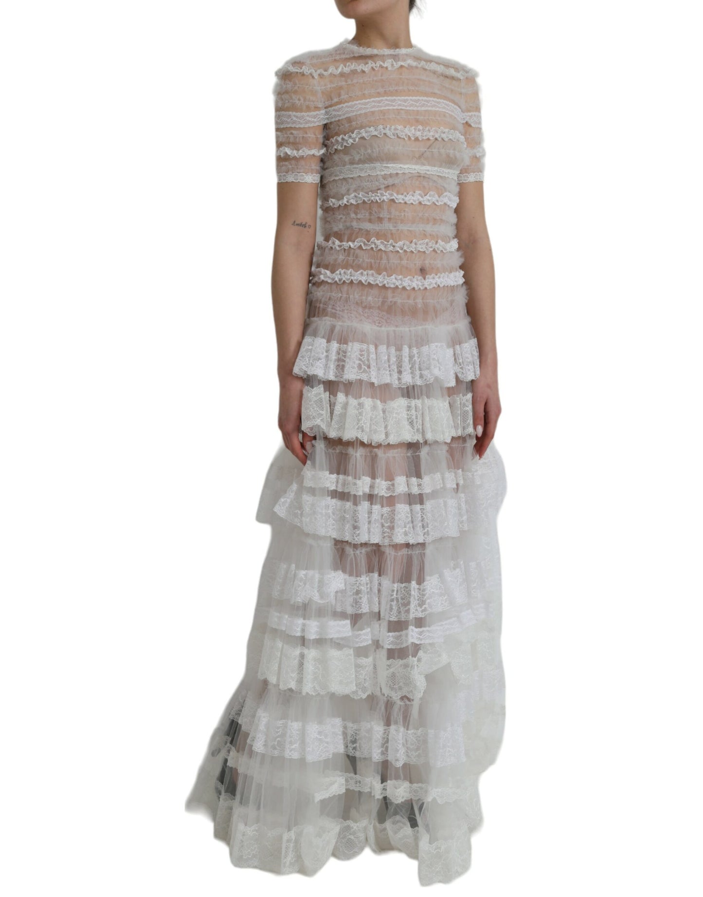 Dolce &amp; Gabbana White Nylon Maxi Dress with Striped Lace