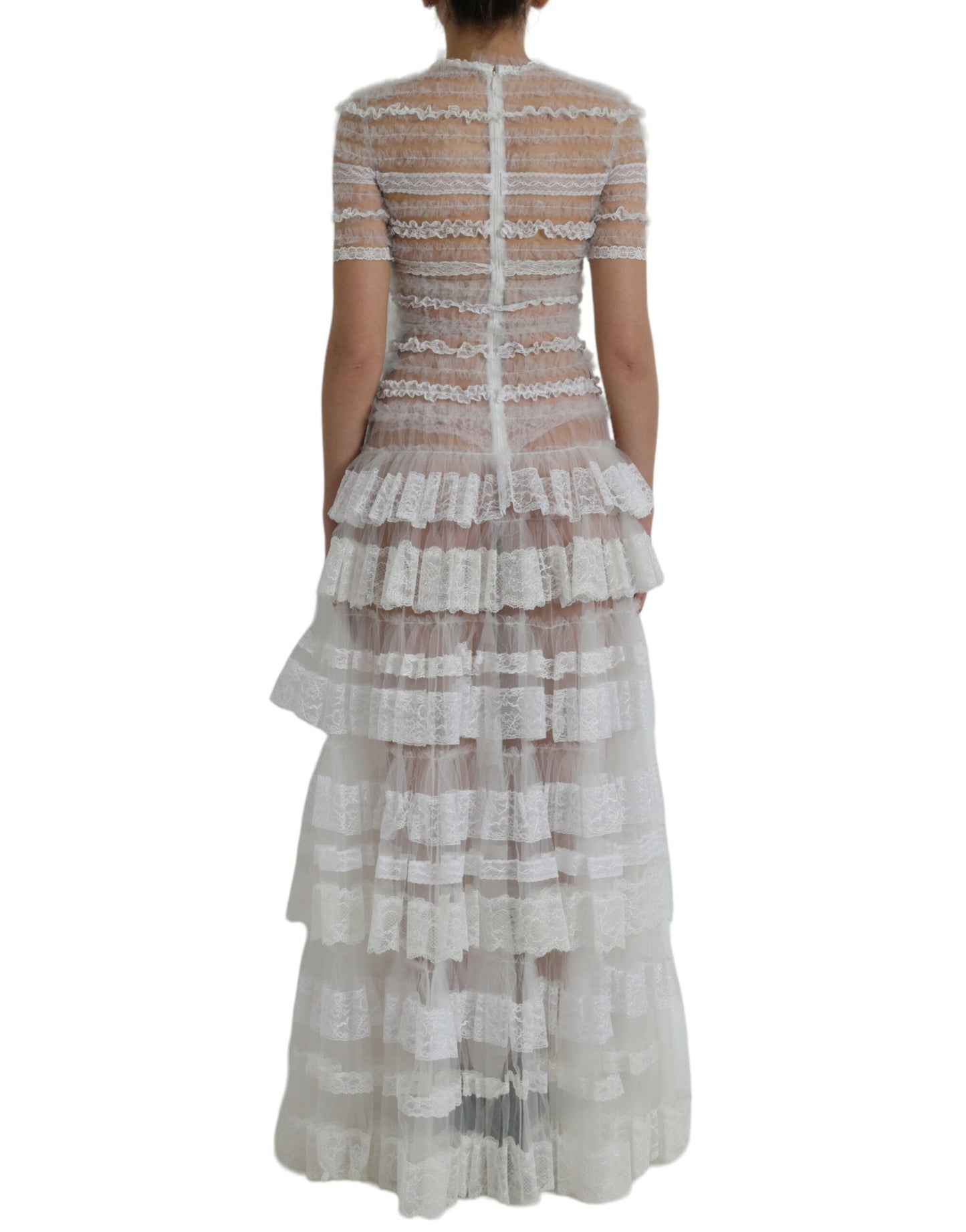 Dolce &amp; Gabbana White Nylon Maxi Dress with Striped Lace