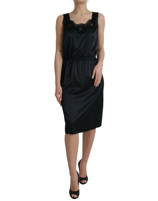 Dolce &amp; Gabbana Black Polyester Midi Dress with Lace Trim