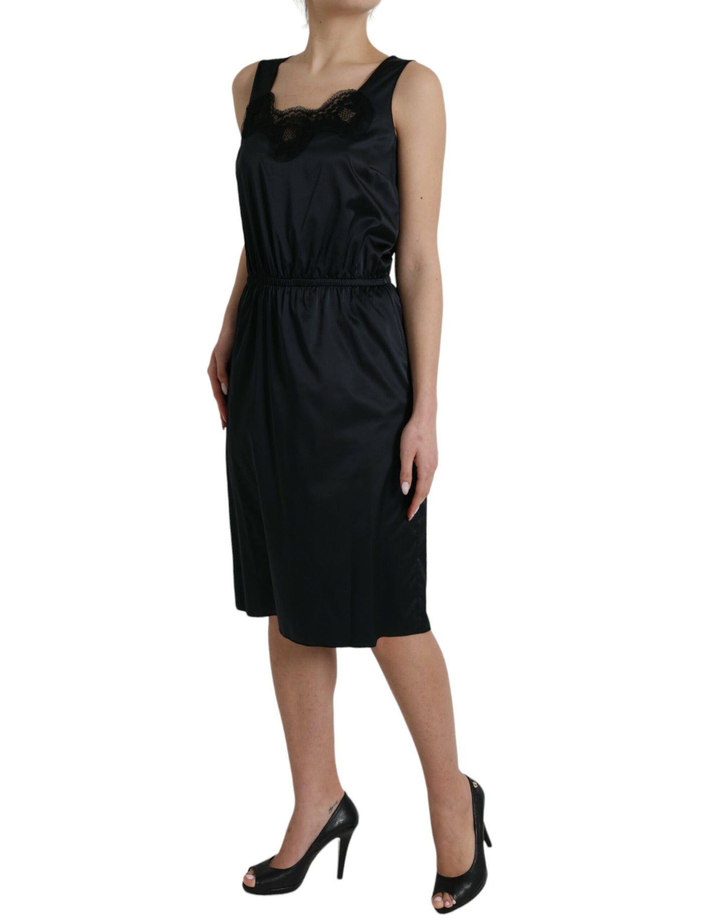 Dolce &amp; Gabbana Black Polyester Midi Dress with Lace Trim