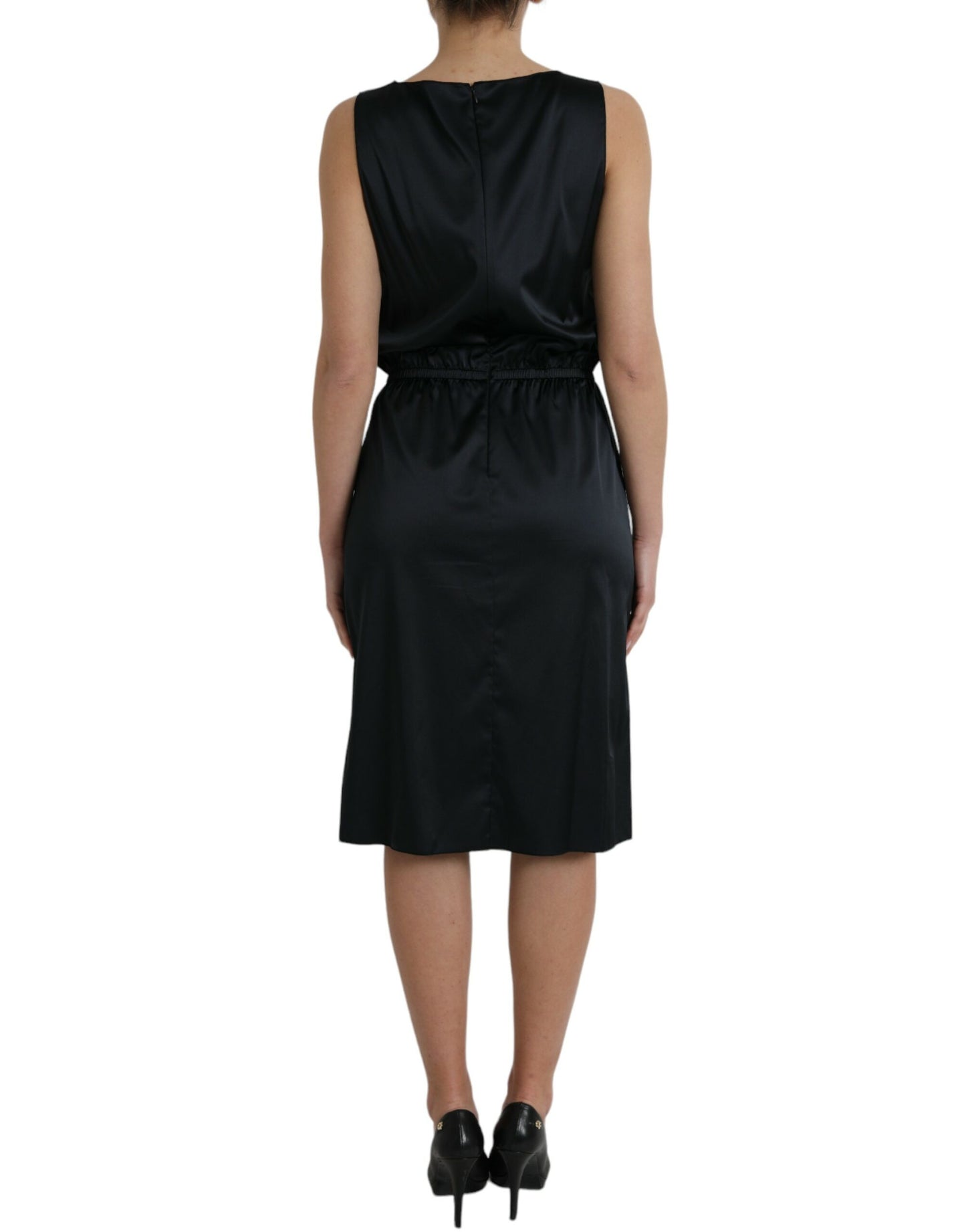 Dolce &amp; Gabbana Black Polyester Midi Dress with Lace Trim