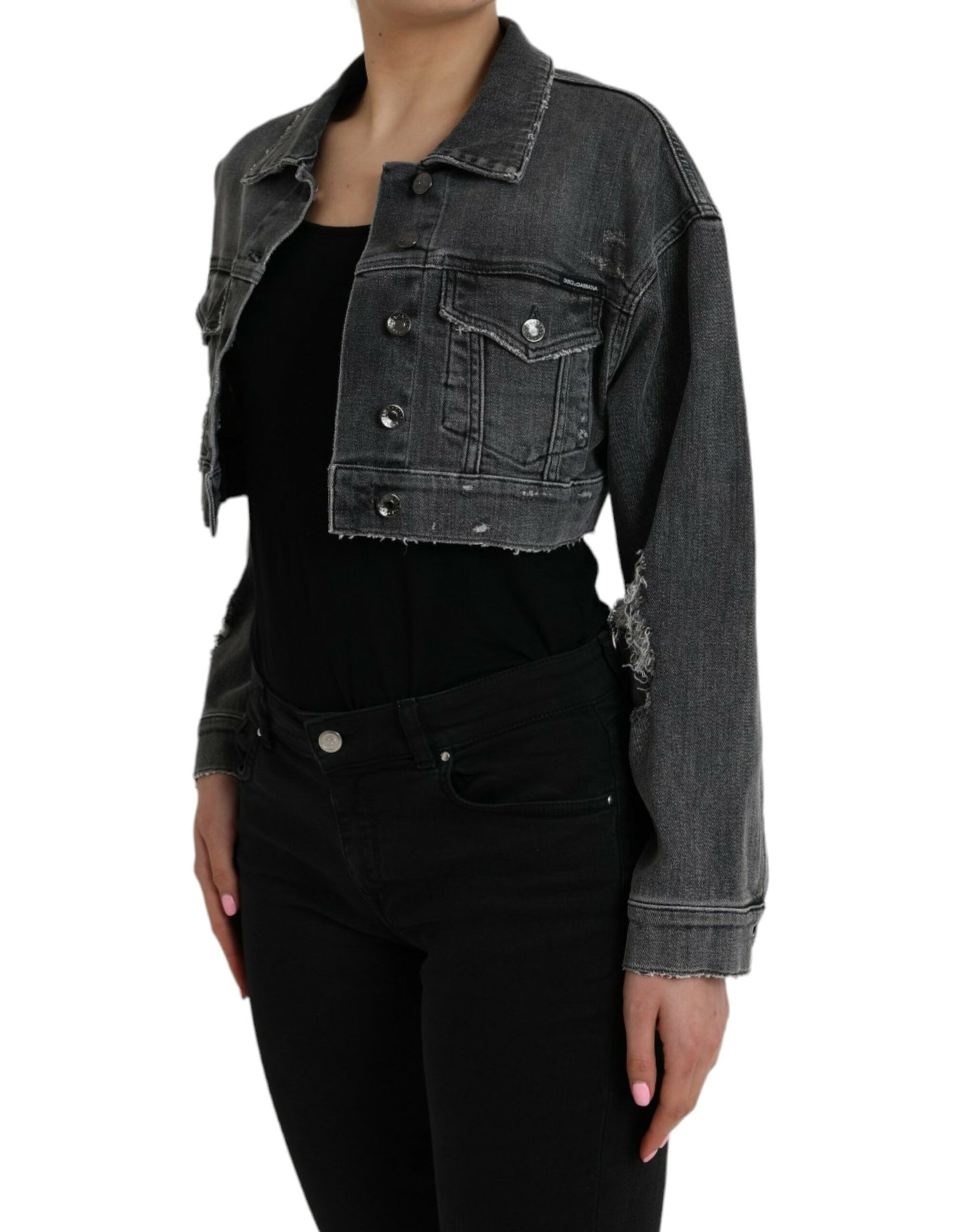 Dolce &amp; Gabbana Dark Grey Cotton Stretch Cropped Denim Jacket