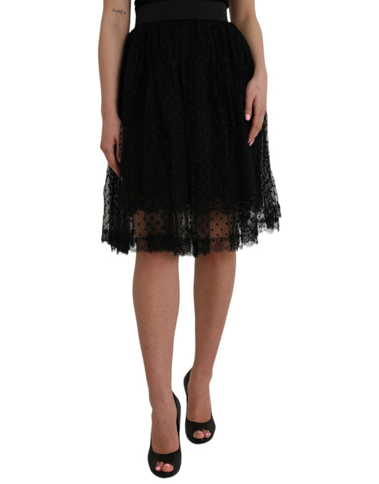 Dolce &amp; Gabbana Black nylon skirt with lace trim and high waist in A-line